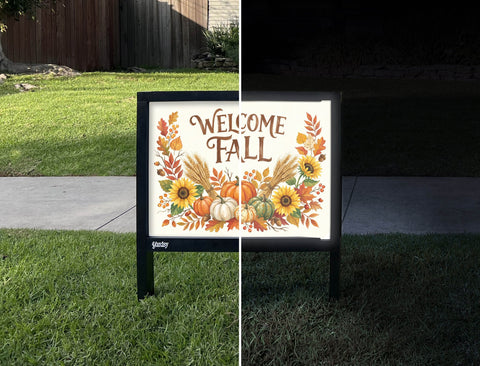 Solar-powered yard sign shown in daylight and glowing at night