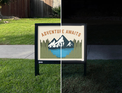 Adventure Awaits Yardsy Sign - Day Night