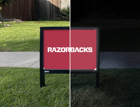 Arkansas Razorbacks Wordmark Cardinal Yardsy Sign - Day Night