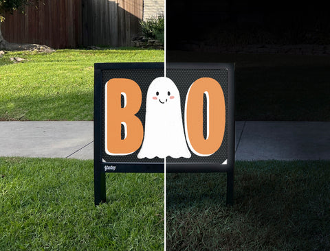 Boo The Cute Ghost Yardsy Sign - Day Night