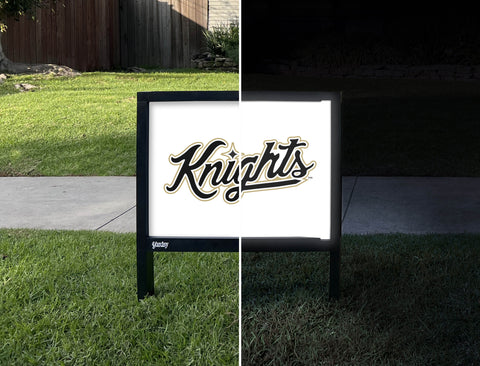 UCF Knights Script Mark White Yardsy Sign - Day Night