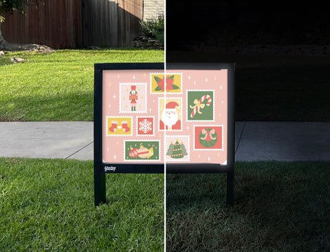 Christmas Postage Stamps Yardsy Sign - Day Night