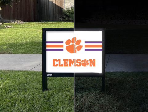 Clemson Tiger Paw Stripes White Yardsy Sign - Day Night