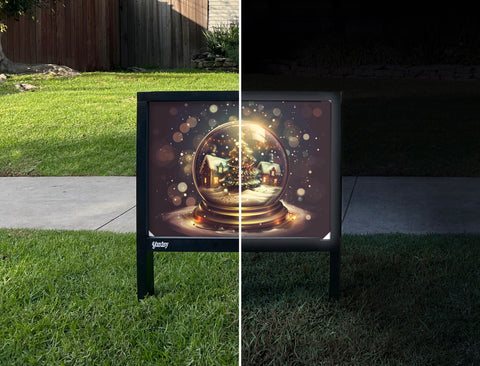 Dark Gleaming Snow Globe Holiday Yardsy Sign - Day Night