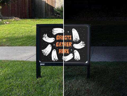 Ghosts Gather Here Halloween Yardsy Sign - Day Night