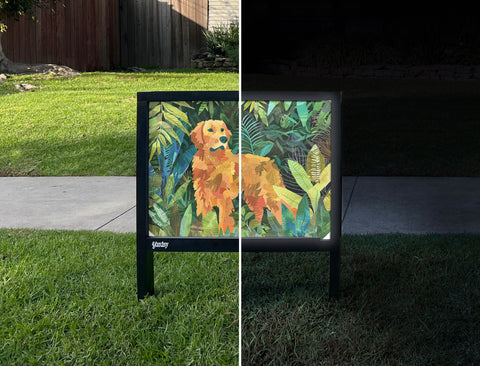 Golden Retriever in the Leaves Decor Print Yardsy Sign - Day Night