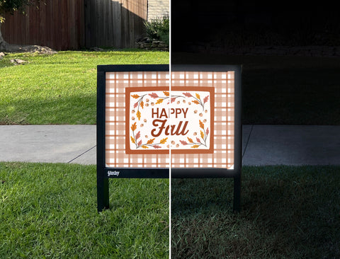 Happy Fall Plaid Border Yardsy Sign - Day Night