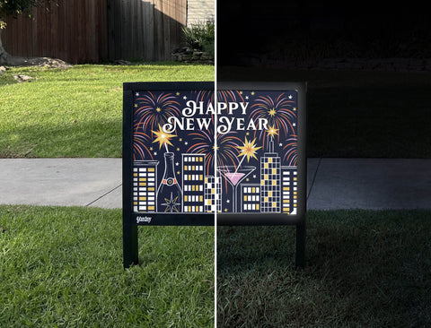Happy New Year Cityscape Yardsy Sign - Day Night