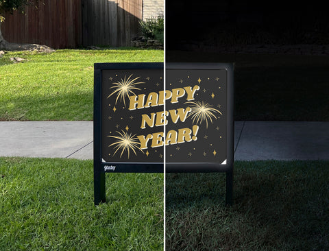 Happy New Year Fireworks Yardsy Sign - Day Night