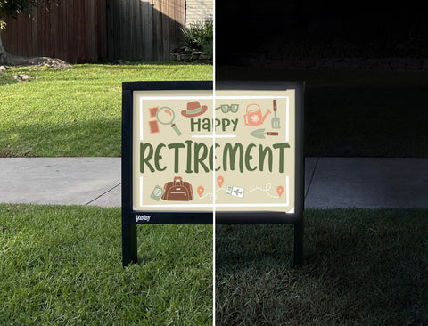 Happy Retirement Hobbies Yardsy Sign - Day Night