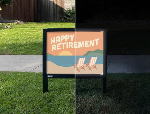 Happy Retirement Vacation Yardsy Sign - Day Night