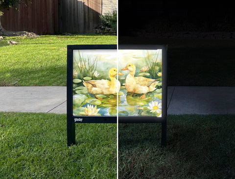Happy Yellow Ducks Yardsy Sign - Day Night