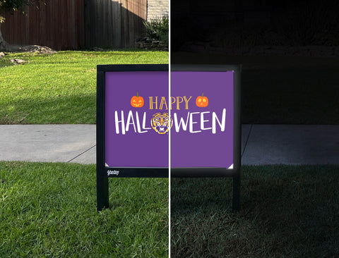 Purple Happy Halloween Pumpkin Tiger LSU Yardsy Sign - Day Night