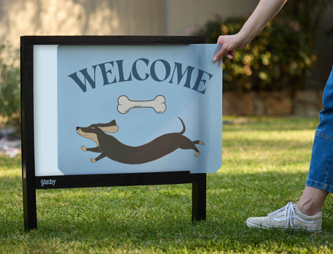 Leaping Dog Welcome Yardsy Sign