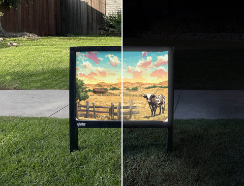 Lonely Longhorn Country Landscape Yardsy Sign - Day Night