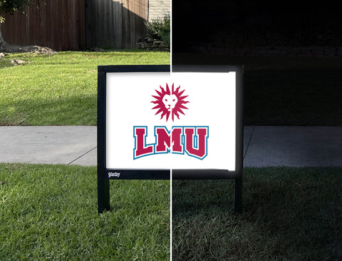 LMU Wordmark White Yardsy Sign - Day Night