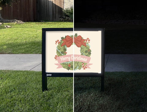 Merry Christmas Wreath Yardsy Sign - Day Night
