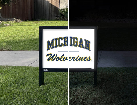 Michigan Wolverines Script White Yardsy Sign - Day Night