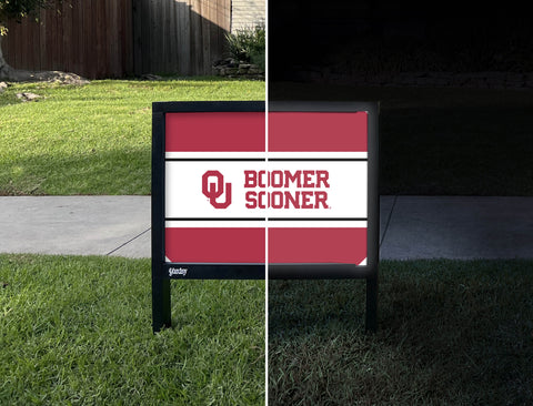 Oklahoma Boomer Sooner Crimson Yardsy Sign - Day Night