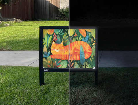 Orange Cat in a Cozy Forest Decor Yardsy Sign - Day Night
