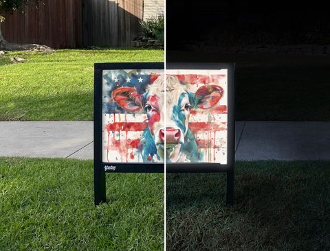 Patriotic Cow Americana Yardsy Sign - Day Night