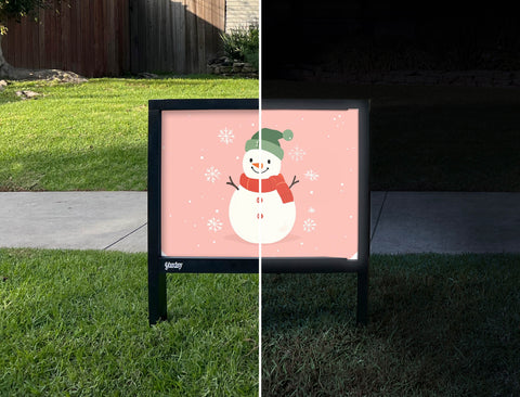 Pink Snowman Cute Winter Yardsy Sign - Day Night