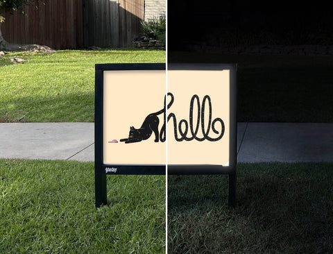 Playful Cat Hello Yardsy Sign - Day Night