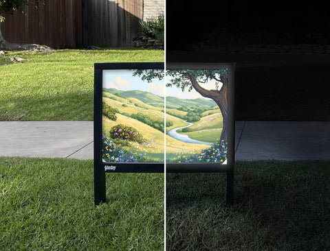 Rolling Hills Blooming River Landscape Yardsy Sign - Day Night