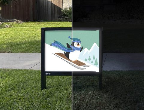Sledding Penguin Yardsy Sign - Day Night