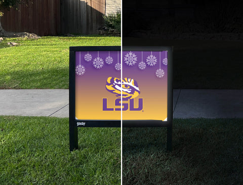 Snow Flakes LSU Holiday Yardsy Sign - Day Night
