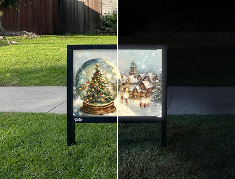 Snow Globe In The Town Holiday Yardsy Sign - Day Night