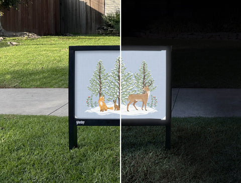 Snowy Forest Animals Yardsy Sign - Day Night