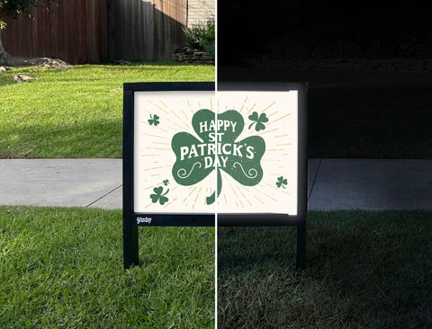 St. Patrick's Day Shamrock Yardsy Sign - Day Night