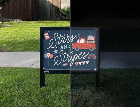 Stars and Stripes Red Truck Yardsy Sign - Day Night
