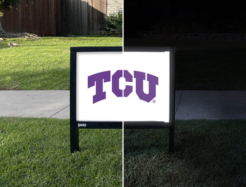 TCU Primary Mark White Yardsy Sign - Day Night