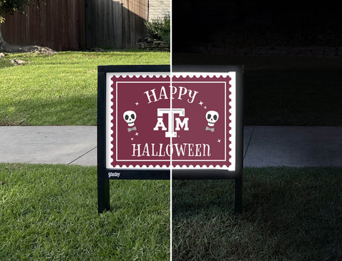 Texas A&M Happy Halloween Skulls Yardsy Sign - Day Night