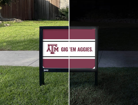 Texas A&M University Gig Em Aggies Maroon Yardsy Sign - Day Night