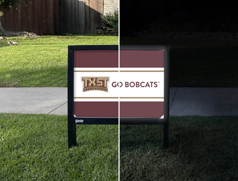 Texas State Go Bobcats Maroon Yardsy Sign - Day Night