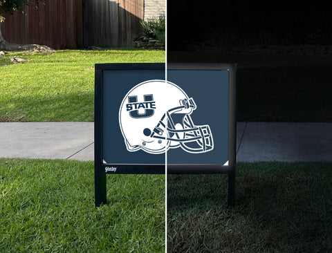 USU Helmet Blue Yardsy Sign - Day Night