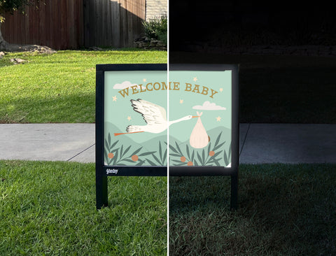 Welcome Baby Stork Yardsy Sign - Day Night