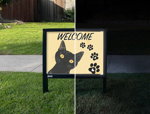 Welcome Cat Silhouette Paws Yardsy Sign - Day Night