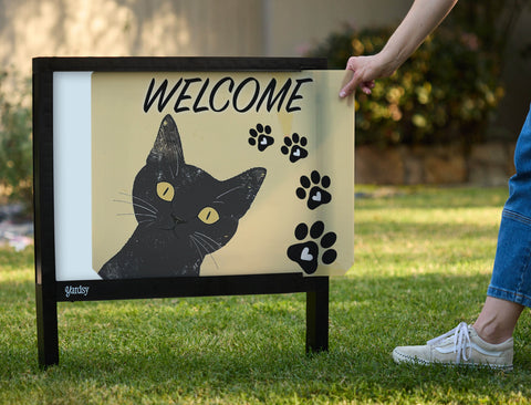 Welcome Cat Silhouette Paws Yardsy Sign - Interchangeable