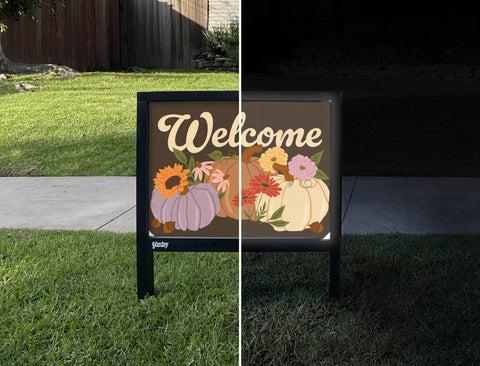 Welcome Pumpkins Autumn Yardsy Sign - Day Night