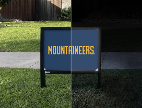 West Virginia Mountaineers Wordmark Blue Yardsy Sign - Day Night