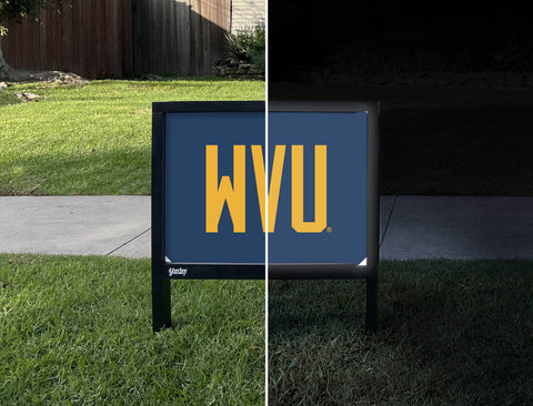 West Virginia WVU Wordmark Blue Yardsy Sign - Day Night