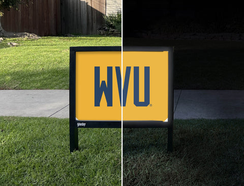 West Virginia WVU Wordmark Gold Yardsy Sign - Day Night