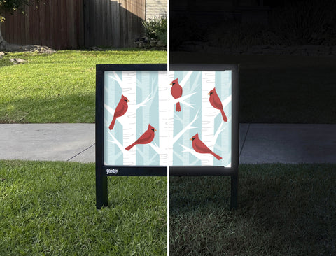 Winter Cardinals Yardsy Sign - Day Night