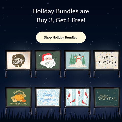 Promotional graphic for holiday bundles with various framed pictures on a dark blue background.