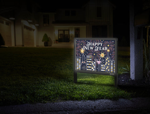 Happy New Year Cityscape Yard Sign Mailbox