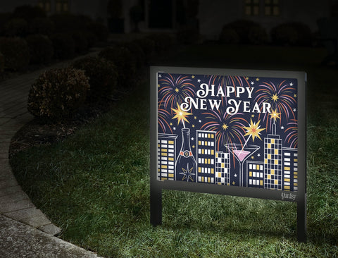 Happy New Year Cityscape Yard Sign Walkway